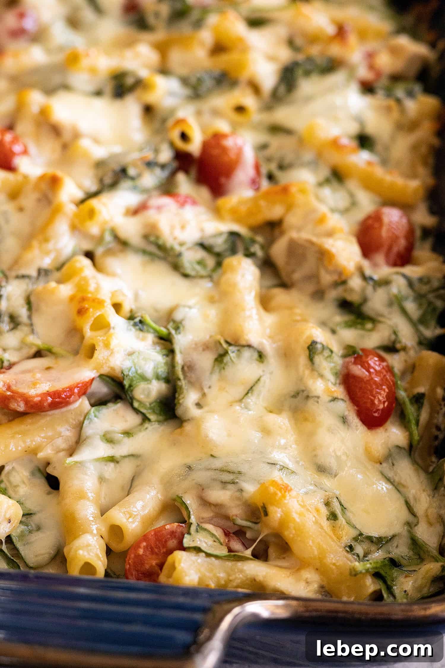 Creamy Chicken Florentine Pasta Bake Recipe 5 Close up of chicken florentine pasta casserole from the oven.