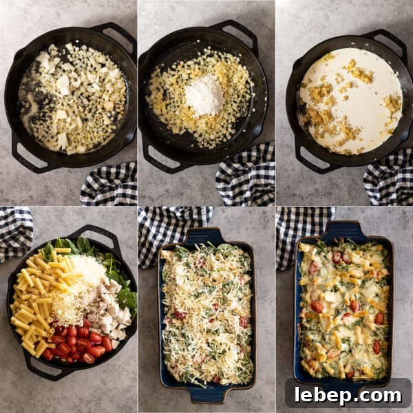 Creamy Chicken Florentine Pasta Bake Recipe 8 Six pictures showing how to make the casserole: Cook the onion, and garlic in butter; stir in flour; stir in half and half; add remaining ingredients; top with cheese and bake.