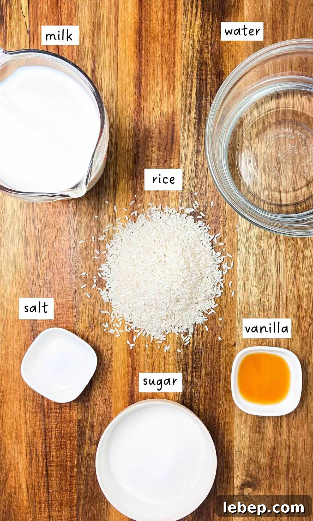 Creamy Homemade Rice Pudding Recipe with Vanilla and Cinnamon 5 Rice pudding ingredients.