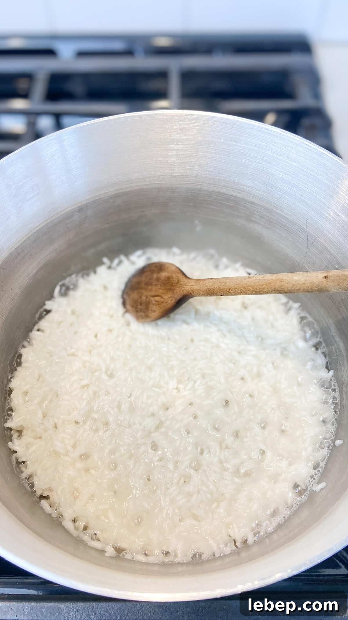 Creamy Homemade Rice Pudding Recipe with Vanilla and Cinnamon 6 Cooking the rice in a pot on the stove.