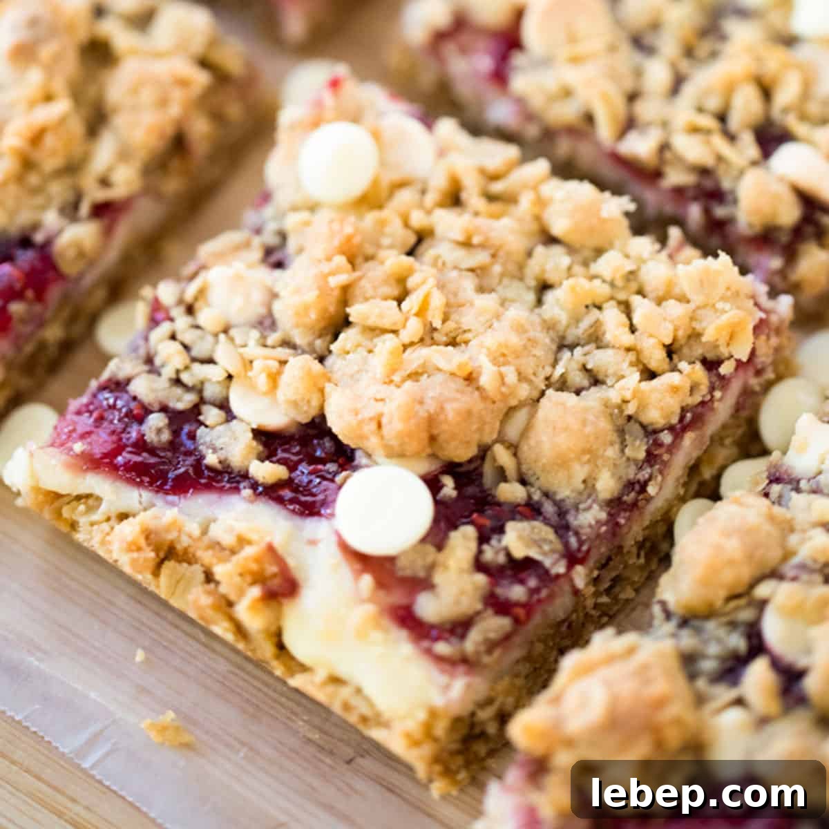 Cookie Bars with White Chocolate and Raspberry cut into squares