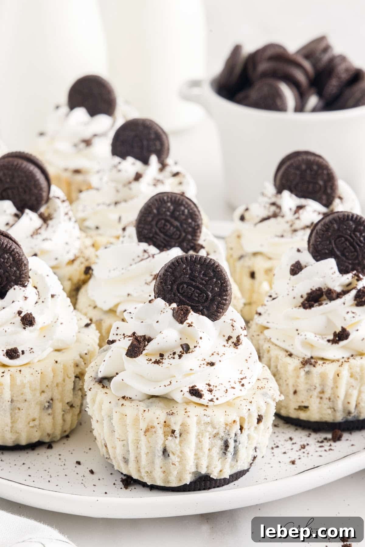 Mini Oreo Cheesecakes on the counter, decorated and ready to eat.