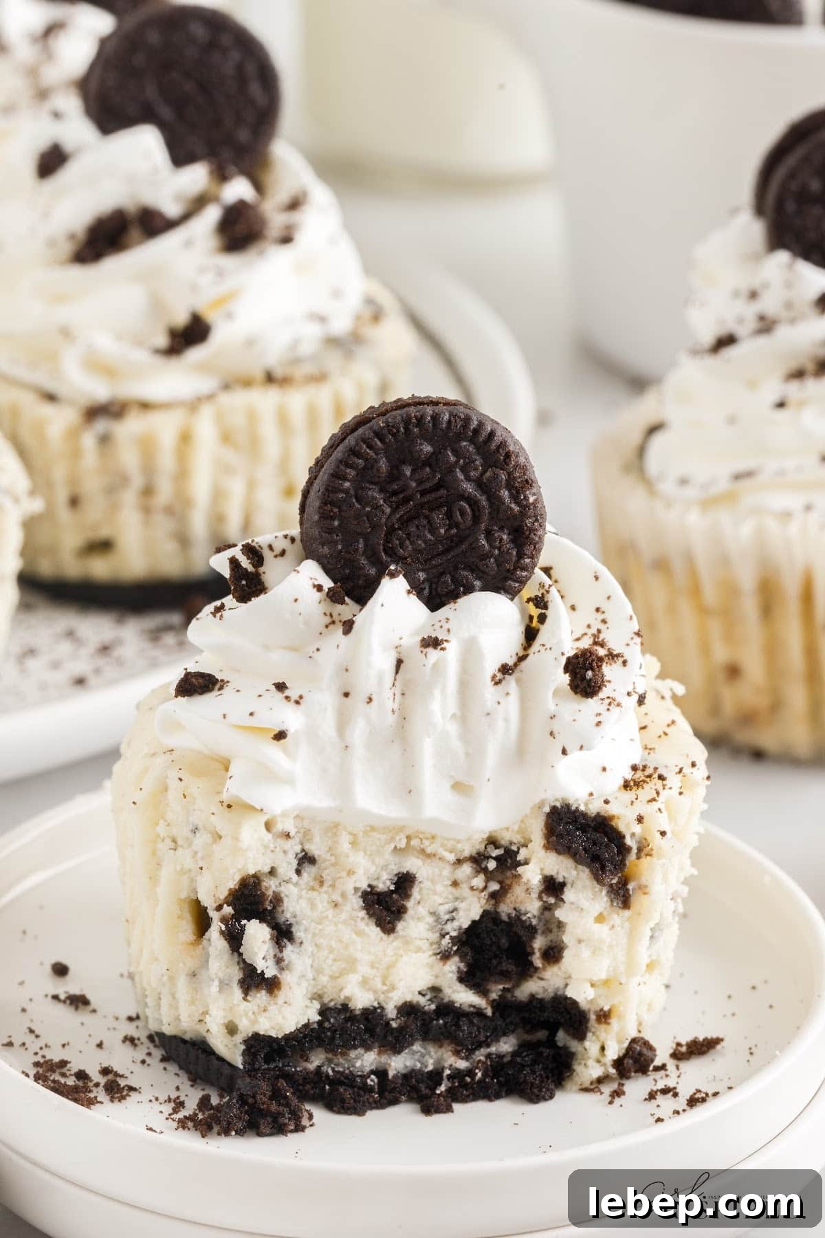 Mini Oreo Cheesecakes on the counter, decorated and ready to eat.