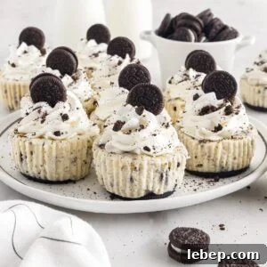 Mini Oreo Cheesecakes on a platter, decorated and ready to eat.