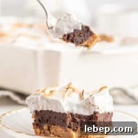 S'mores Brownies Recipe: Gooey Chocolate Graham Bars 4 lifting a forkful of s'mores brownie from a cut piece on a plate.