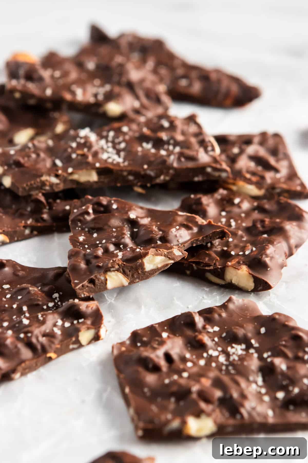 Close up of chocolate almond bark thins with sea salt.