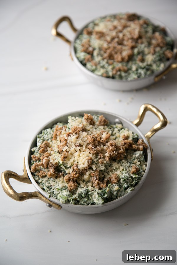 Creamy Warm Spinach Dip — Dairy- and Gluten-Free Recipe 13 dairy-free spinach dip in ramekins with gluten-free breadcrumb topping before oven