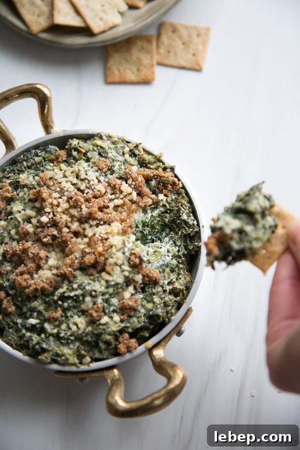 Creamy Warm Spinach Dip — Dairy- and Gluten-Free Recipe 15 dairy-free spinach dip with gluten-free crackers dipping into it