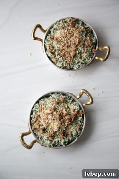 Creamy Warm Spinach Dip — Dairy- and Gluten-Free Recipe 10 dairy-free spinach dip in ramekins with gluten-free breadcrumb topping