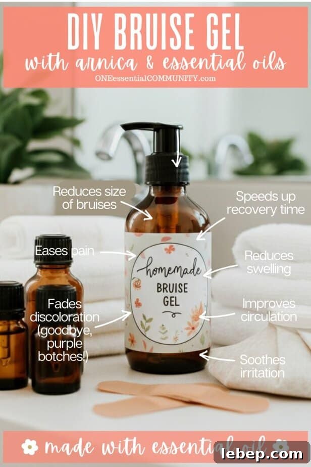 DIY Arnica and Essential Oil Gel for Bruises: Faster Healing Formula 5 DIY Bruise Gel with arnica & essential oils bottle and supplies