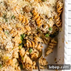spoon with tuna casserole in baking dish