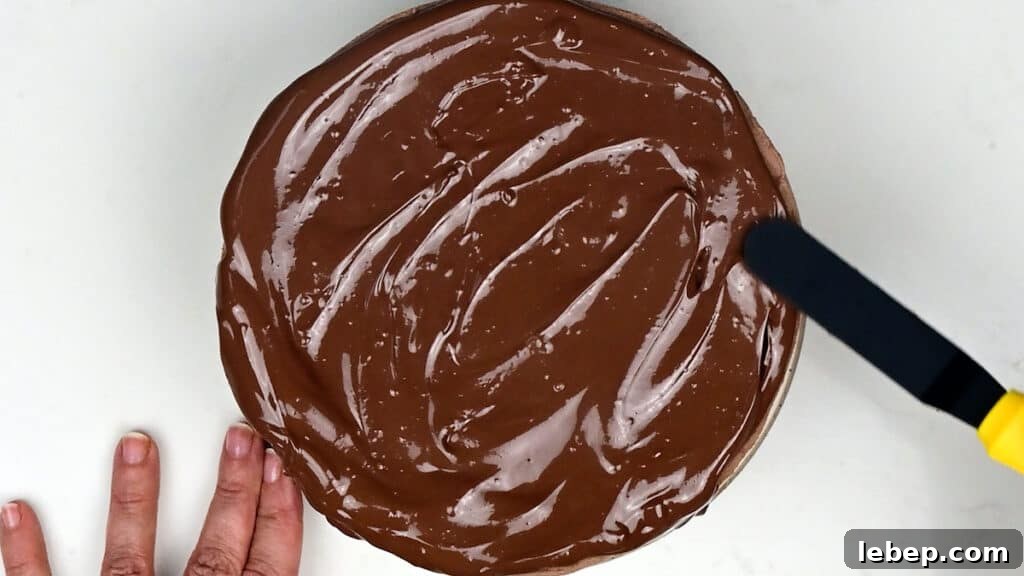 spreading melted chocolate over cheesecake
