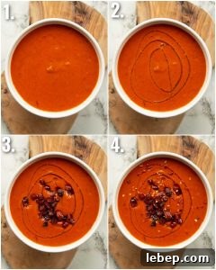 4 step by step photos showing how to serve roasted red pepper soup