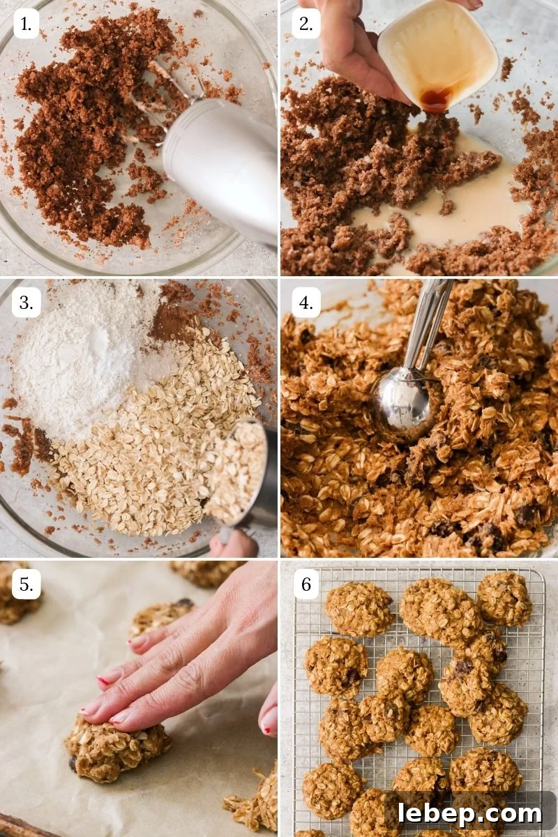 Gluten-Free Vegan Oatmeal Cookies Recipe for Chewy Perfection 4 numbered step by step photos showing how to make the cookie batter and bake the oatmeal cookies