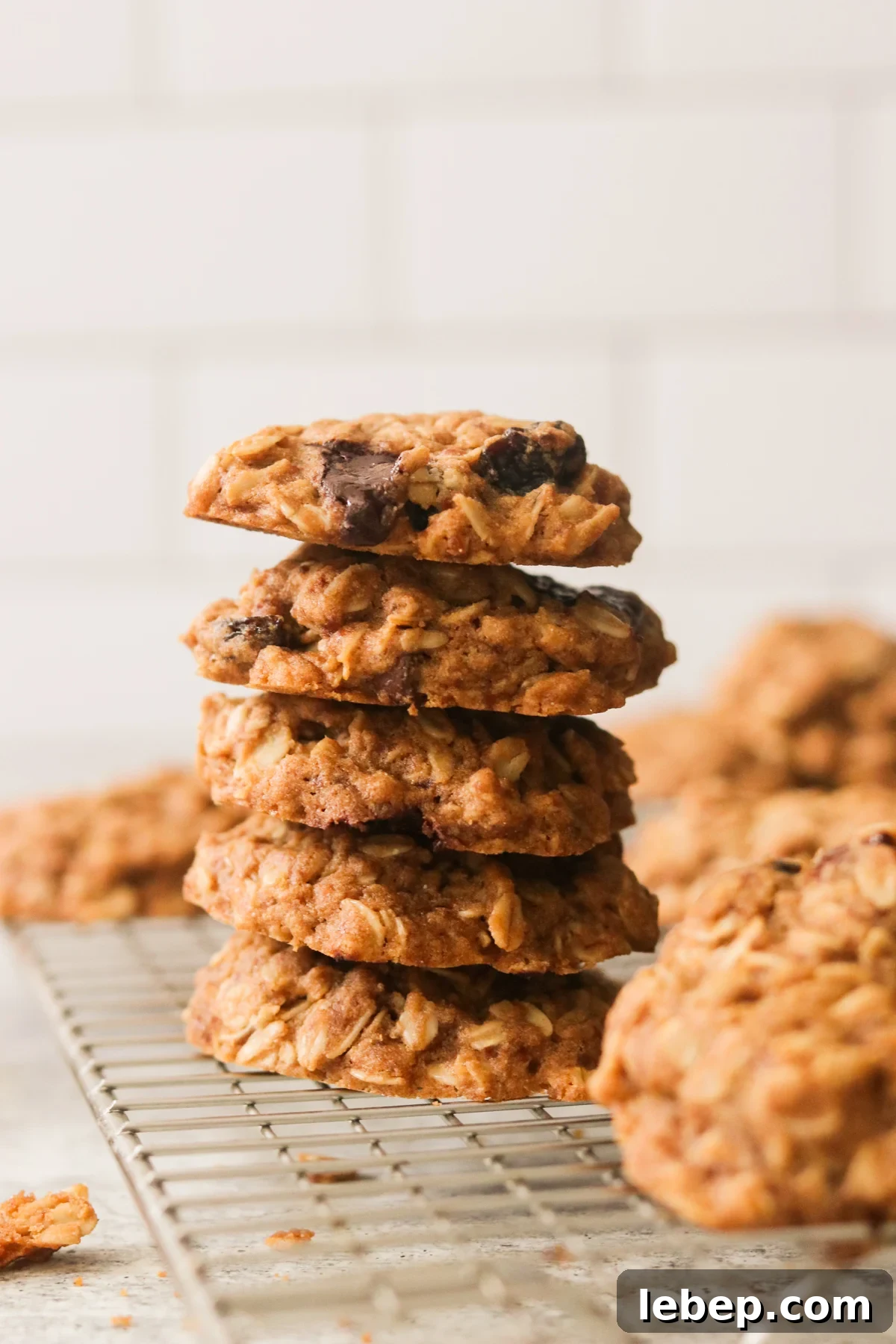 Gluten-Free Vegan Oatmeal Cookies Recipe for Chewy Perfection 5 5 cookies stacked on top of each other on a wire cooling rack