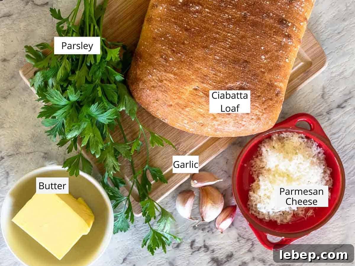 Crispy Ciabatta Garlic Bread Recipe with Herb Butter 3 The ingredients required to make this recipe as viewed from above.