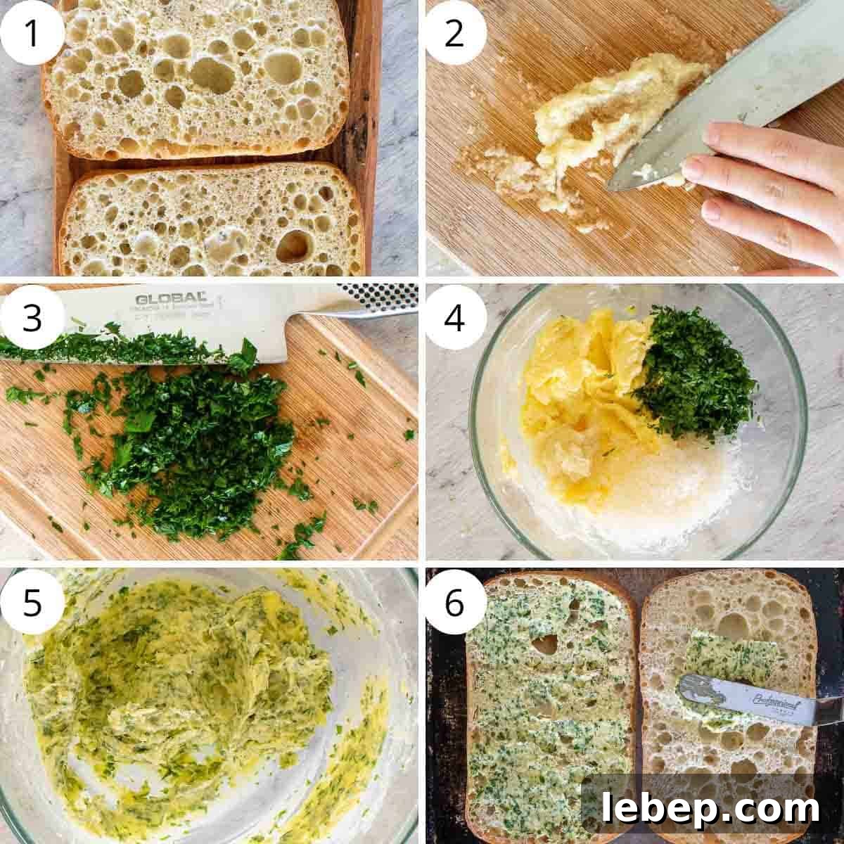 Crispy Ciabatta Garlic Bread Recipe with Herb Butter 4 A six step photo collage showing how to make this recipe.