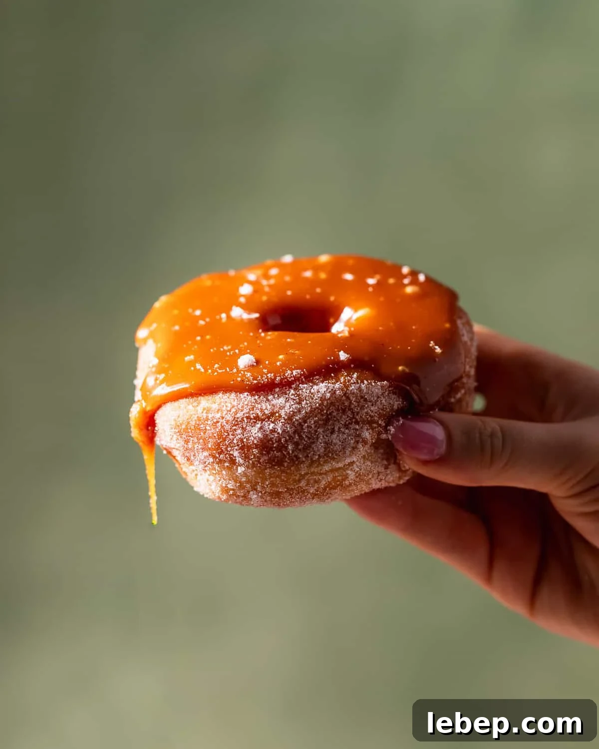 Salted Caramel Donuts with Shiny Caramel Glaze 12 A hand holding a donut covered in salted caramel thats dripping off one of the sides.