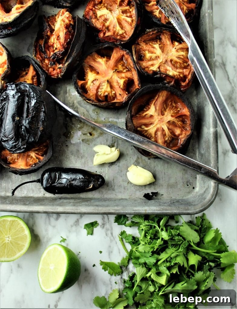 Homemade Baja Fresh-Style Salsa Recipe — Fresh & Zesty Flavor 5 charred tomatoes and jalapeno with lime and cilantro