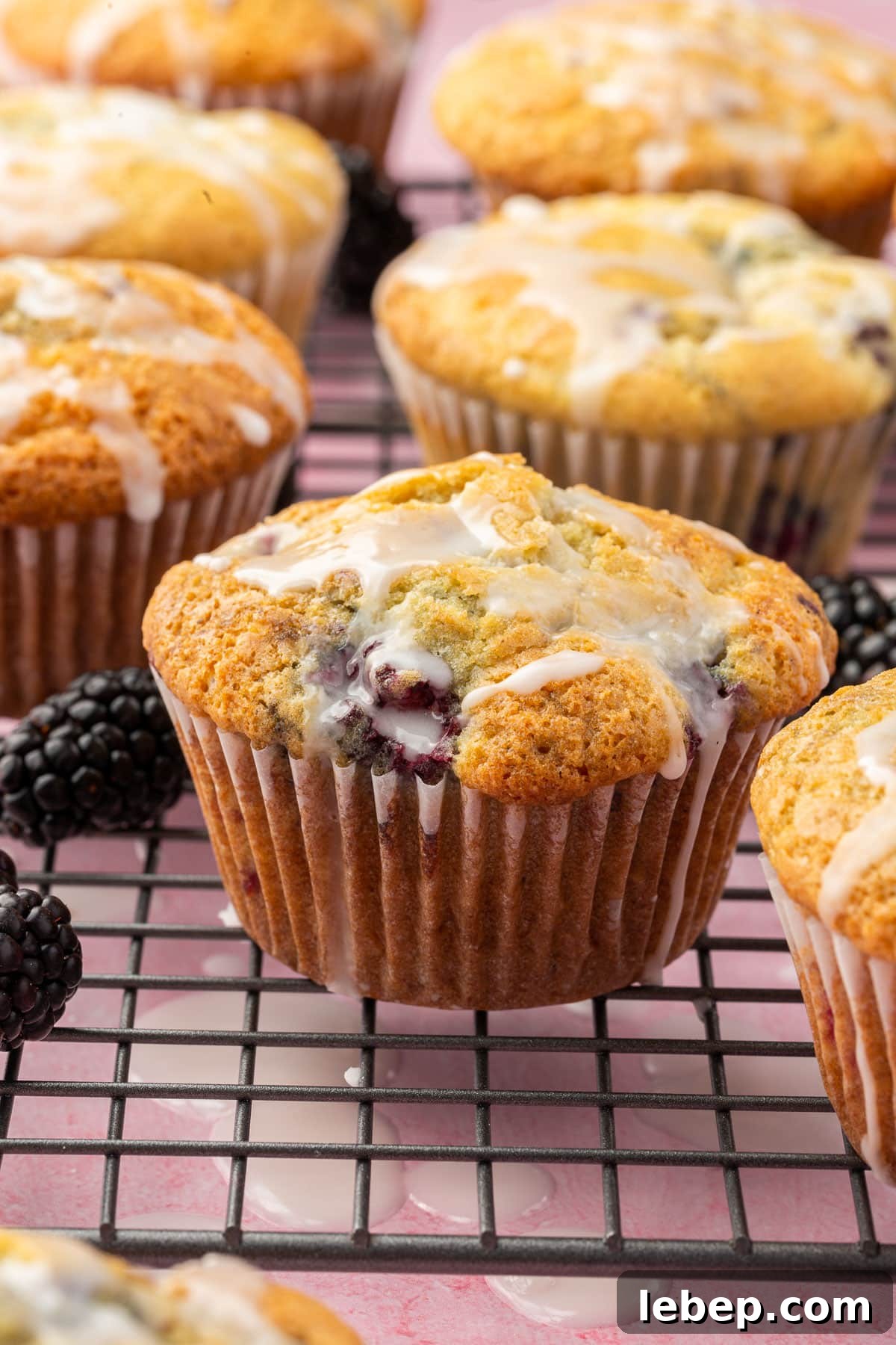 Close-up of freshly baked gluten-free blackberry muffins with glaze on top.