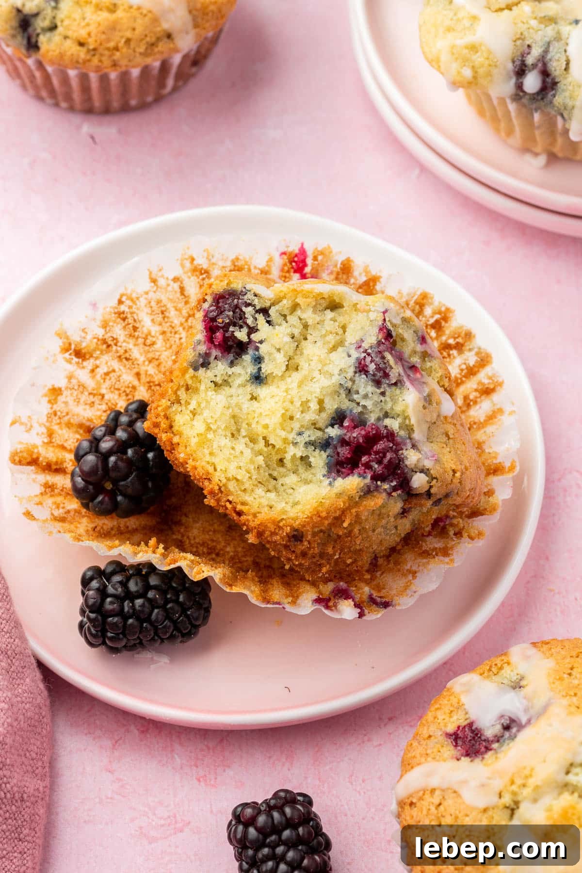 A gluten-free blackberry muffin on a dessert plate that has a bite taken out of it.