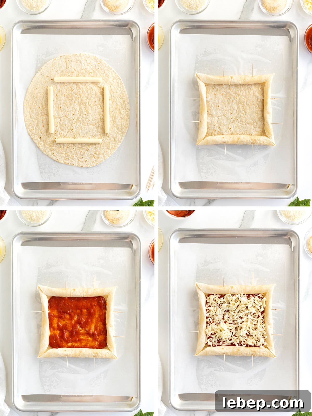 Steps to make stuffed crust tortilla pizza.