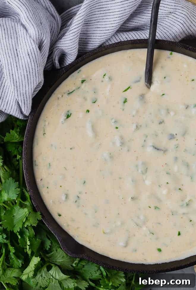 Creamy Poblano Queso Dip Recipe for Entertaining 3 Queso dip in a black pan with a black spoon, next to a black and white linen, and a bunch of fresh cilantro.