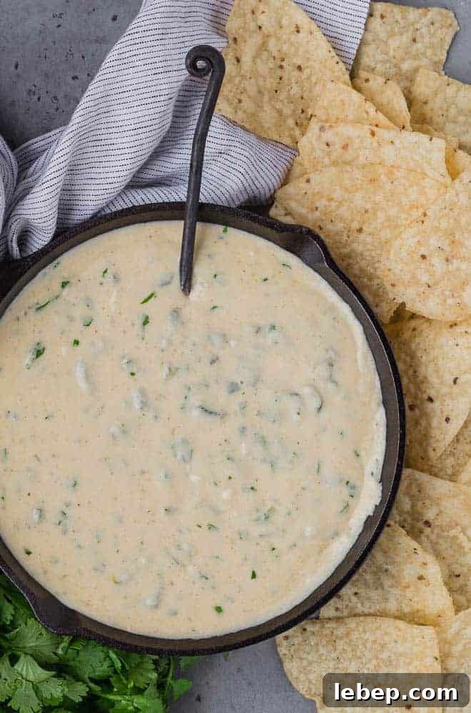 Creamy Poblano Queso Dip Recipe for Entertaining 6 Overhead view of poblano queso in a black skillet, with a black spoon. Also pictured are chips, a linen, and fresh cilantro.