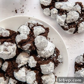 Chocolate Crinkle Cookies Recipe — Soft Fudgy Cookies in Minutes 12 chocolate crinkle cookies on a white round plate and more cookies next to plate