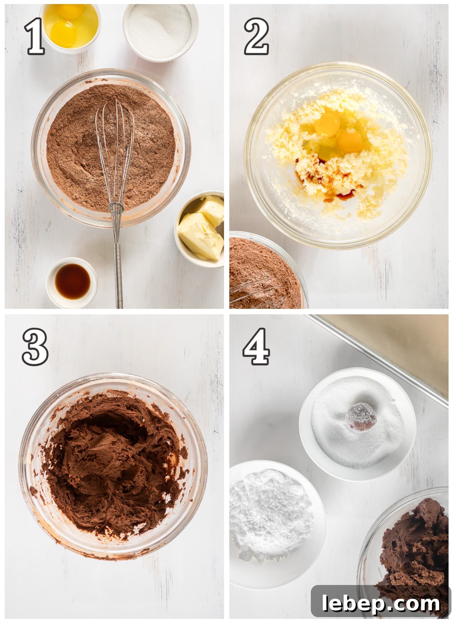 Chocolate Crinkle Cookies Recipe — Soft Fudgy Cookies in Minutes 4 photo collage demonstrating how to make chocolate crinkle cookie dough in a glass mixing bowl.