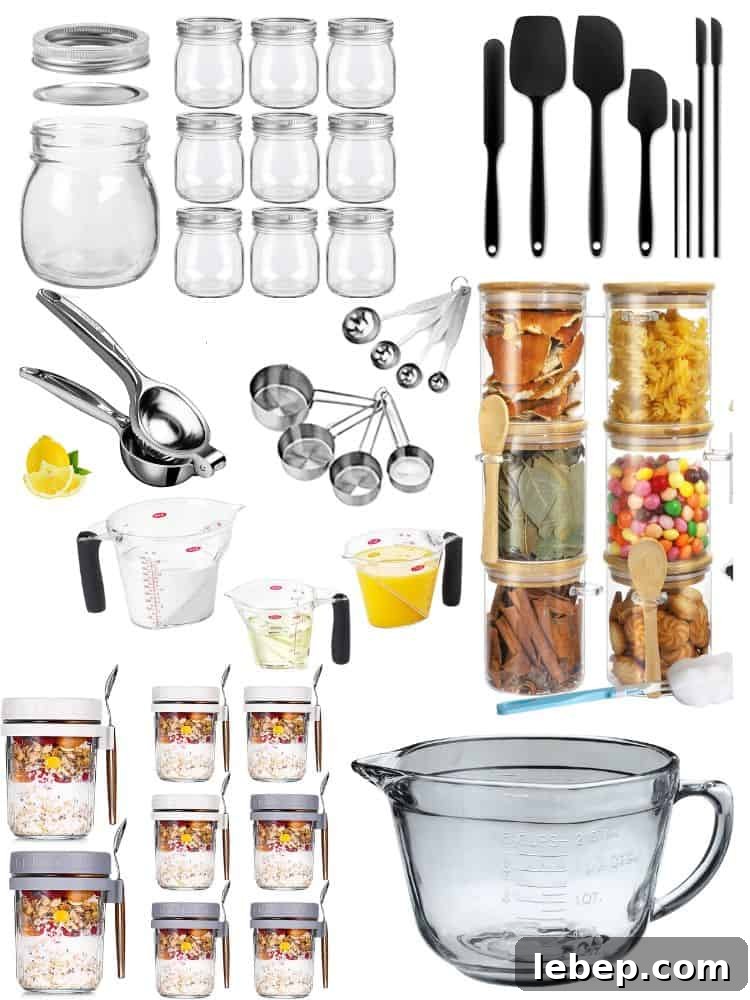 Peach Cobbler Overnight Oats (THM-E) — Make Ahead Recipe 10 Collage of products used to make and store overnight oats.