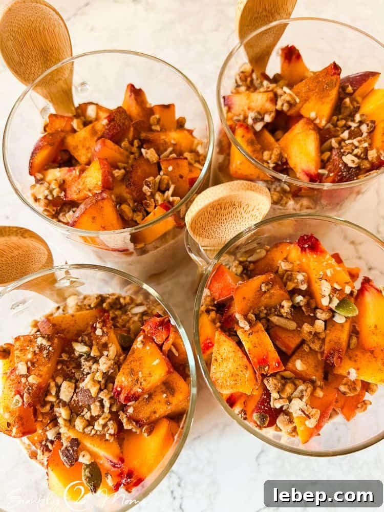 Peach Cobbler Overnight Oats (THM-E) — Make Ahead Recipe 4 Peach cobbler overnight oats with no added sugar and Greek yogurt garnished with keto granola.