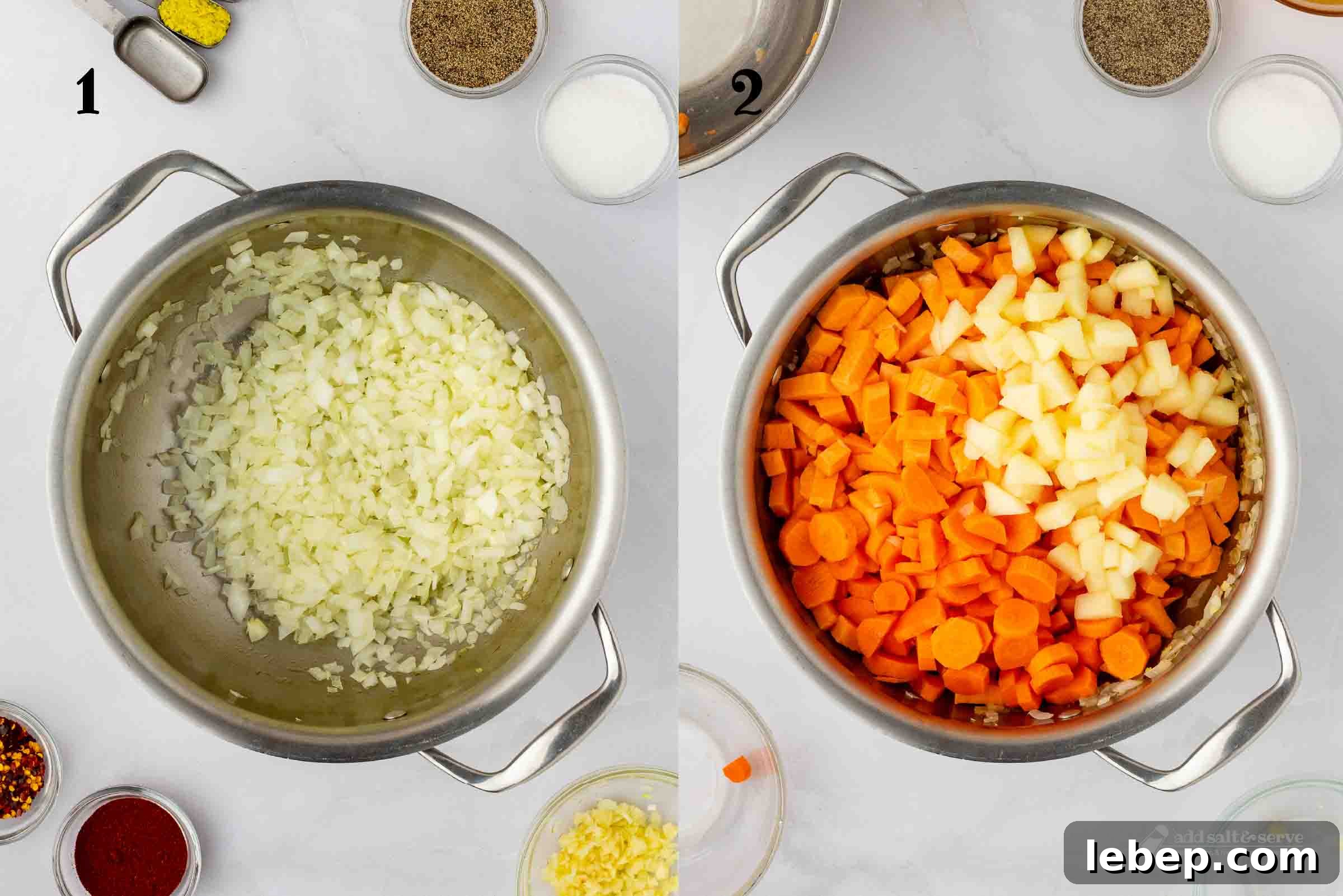 Carrot and Sweet Potato Soup with Ginger — Seasonal Comfort Bowl 4 Composite image: 1 - sautéed chopped onions in a soup pot; 2 - same pot after adding chopped carrots, sweet potatoes, and apple.