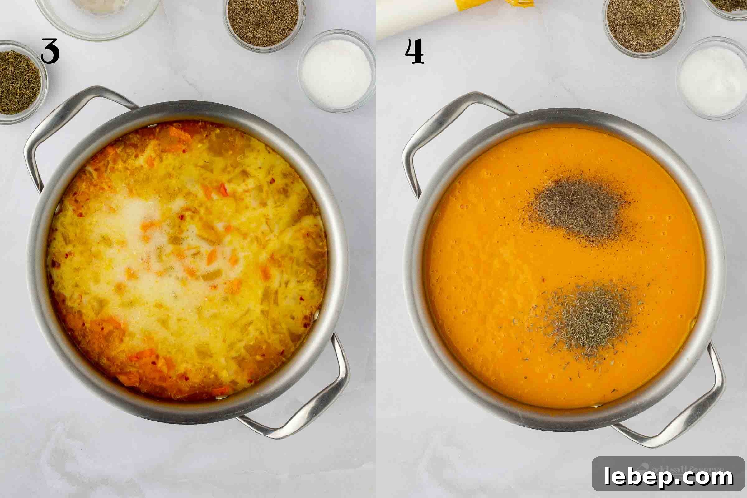 Carrot and Sweet Potato Soup with Ginger — Seasonal Comfort Bowl 5 Composite image: 3 - soup pot with carrot, sweet potato, apple, and onion after adding coconut cream and vegetable broth; 4 - same pot after using an immersion blender to blend the vegetables and adding thyme, pepper, and salt.