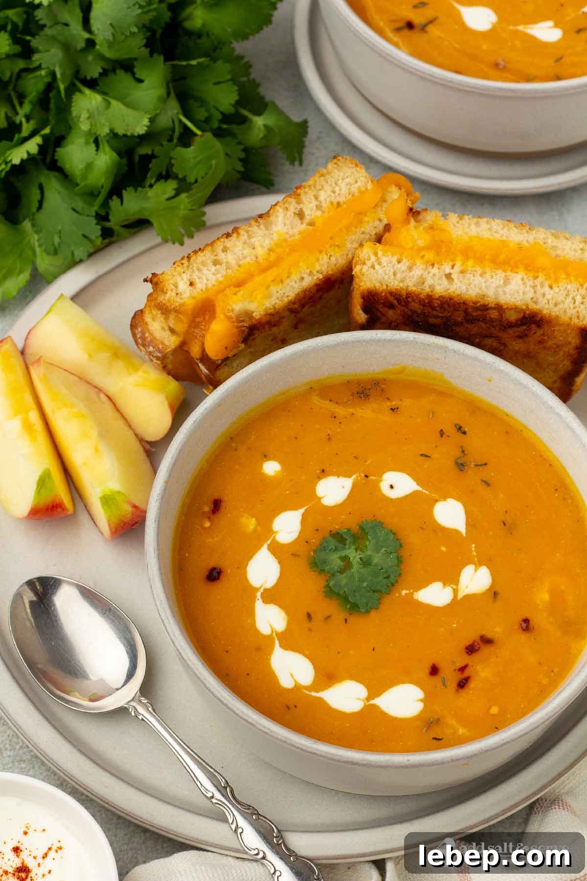 Carrot and Sweet Potato Soup with Ginger — Seasonal Comfort Bowl 6 Bowl of carrot sweet potato soup on a plate with apple slices and a grilled cheese sandwich.