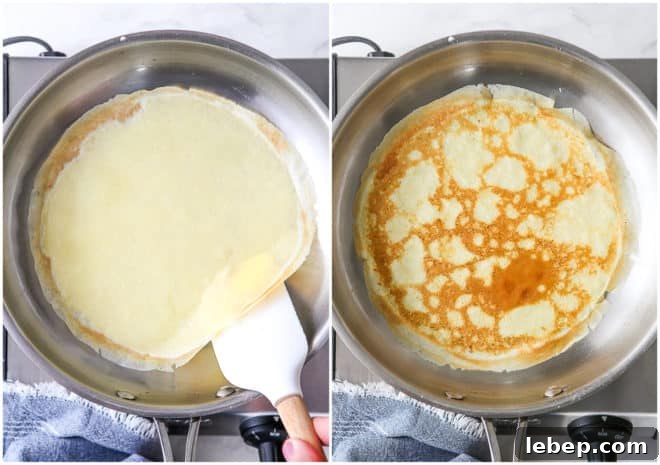 cooking crepes in a skillet