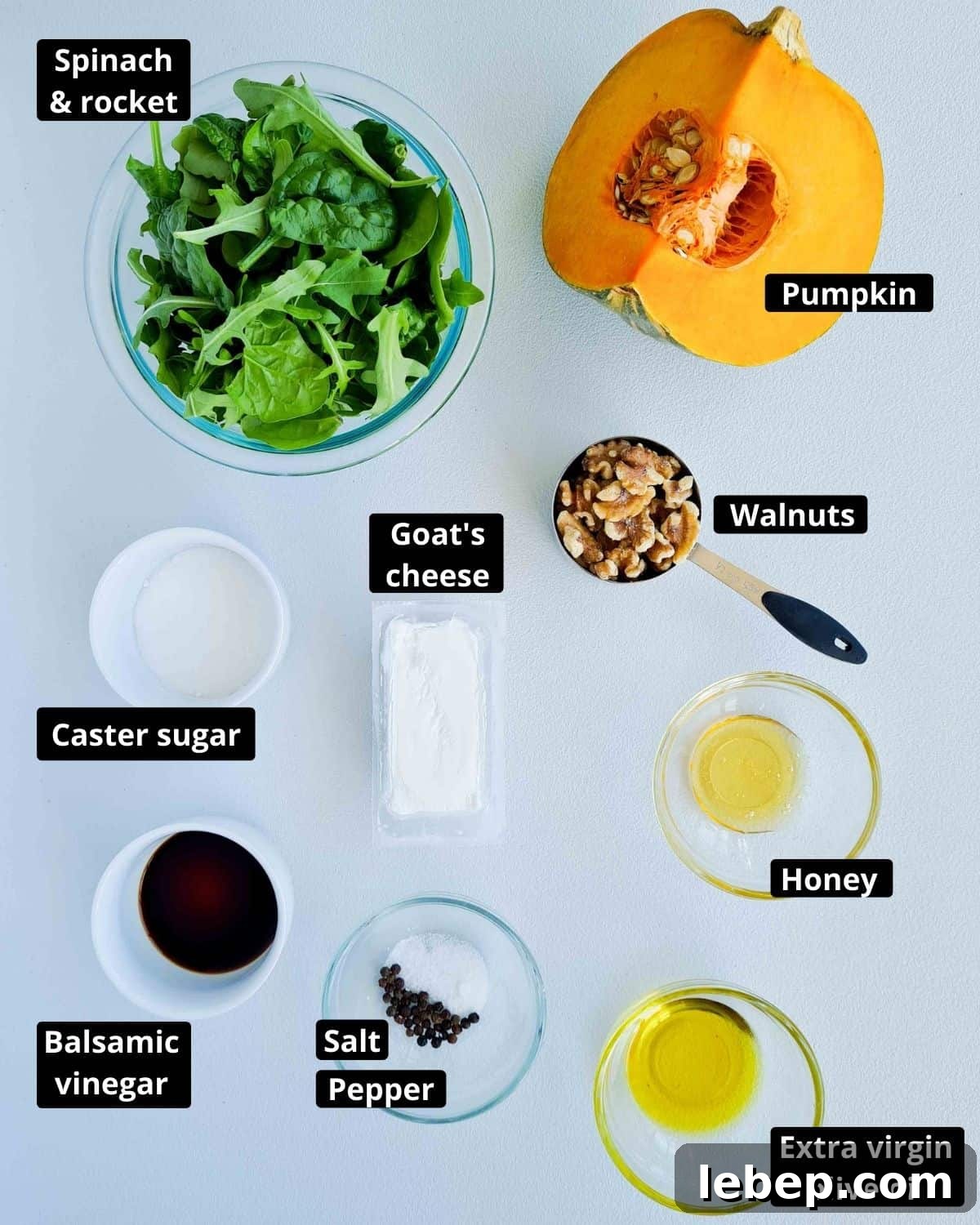 Roasted Pumpkin, Spinach & Goat Cheese Salad Recipe 3 Ingredients required for this recipe, all labeled