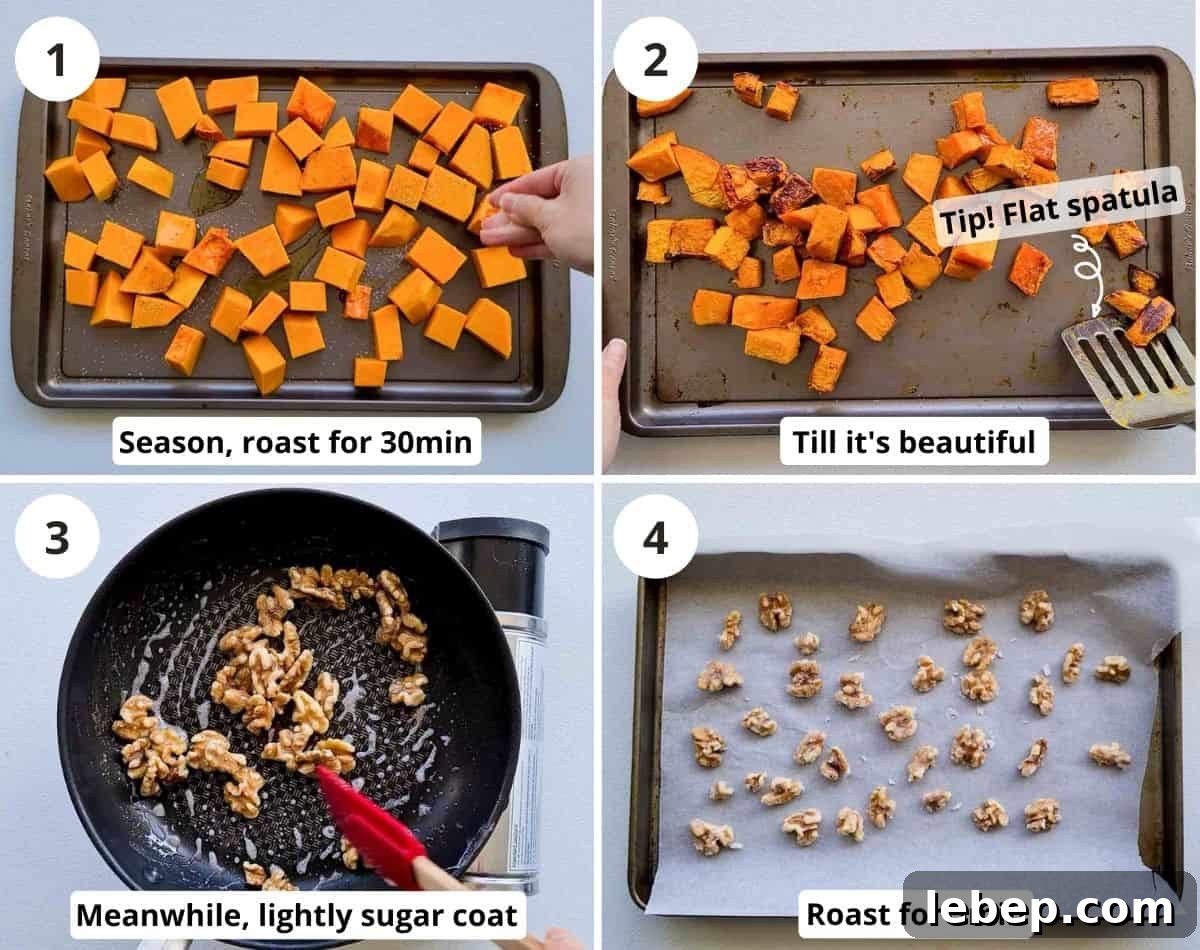 Roasted Pumpkin, Spinach & Goat Cheese Salad Recipe 4 Step by step of how to roast pumpkins and candy walnuts