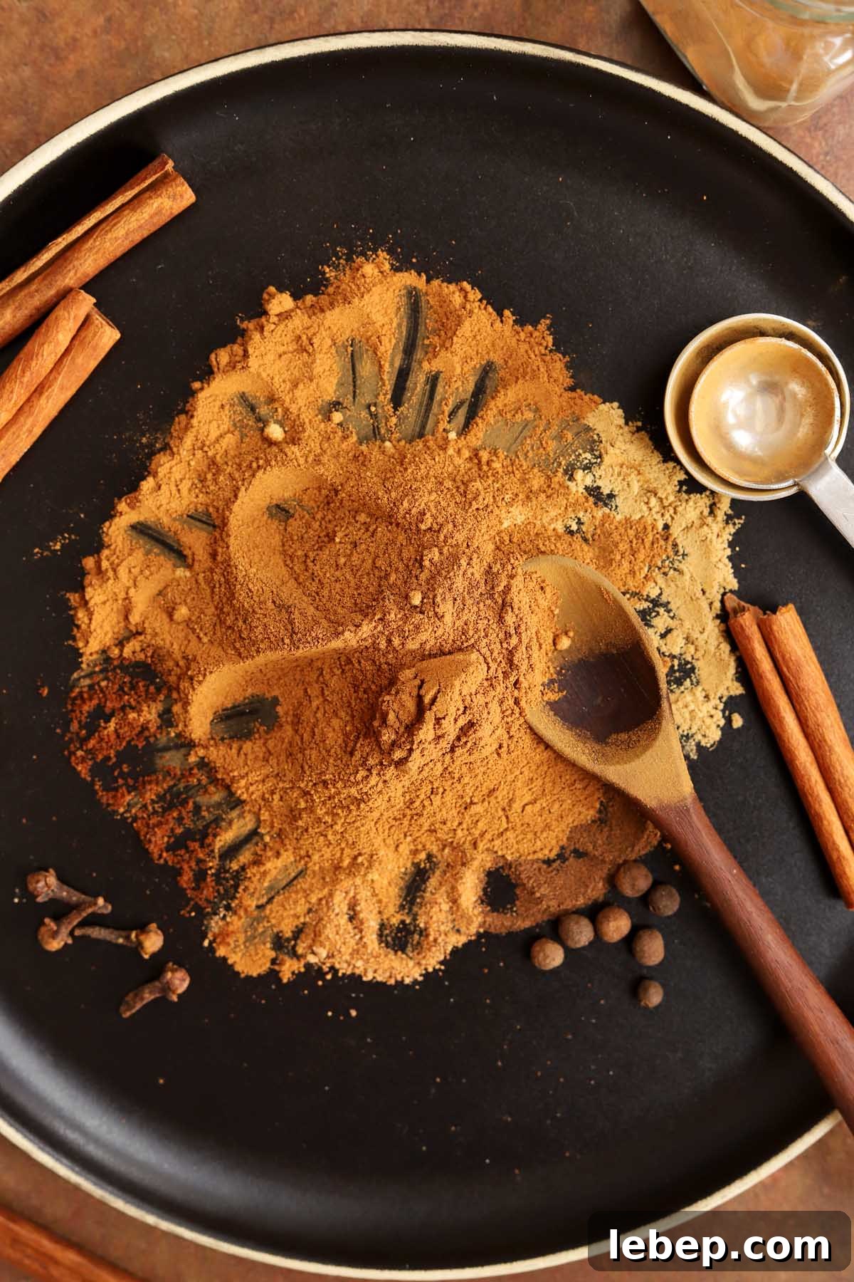 Homemade Pumpkin Pie Spice Blend for Baking & Lattes 5 homemade pumpkin pie spices on a black plate blending together with a spoon