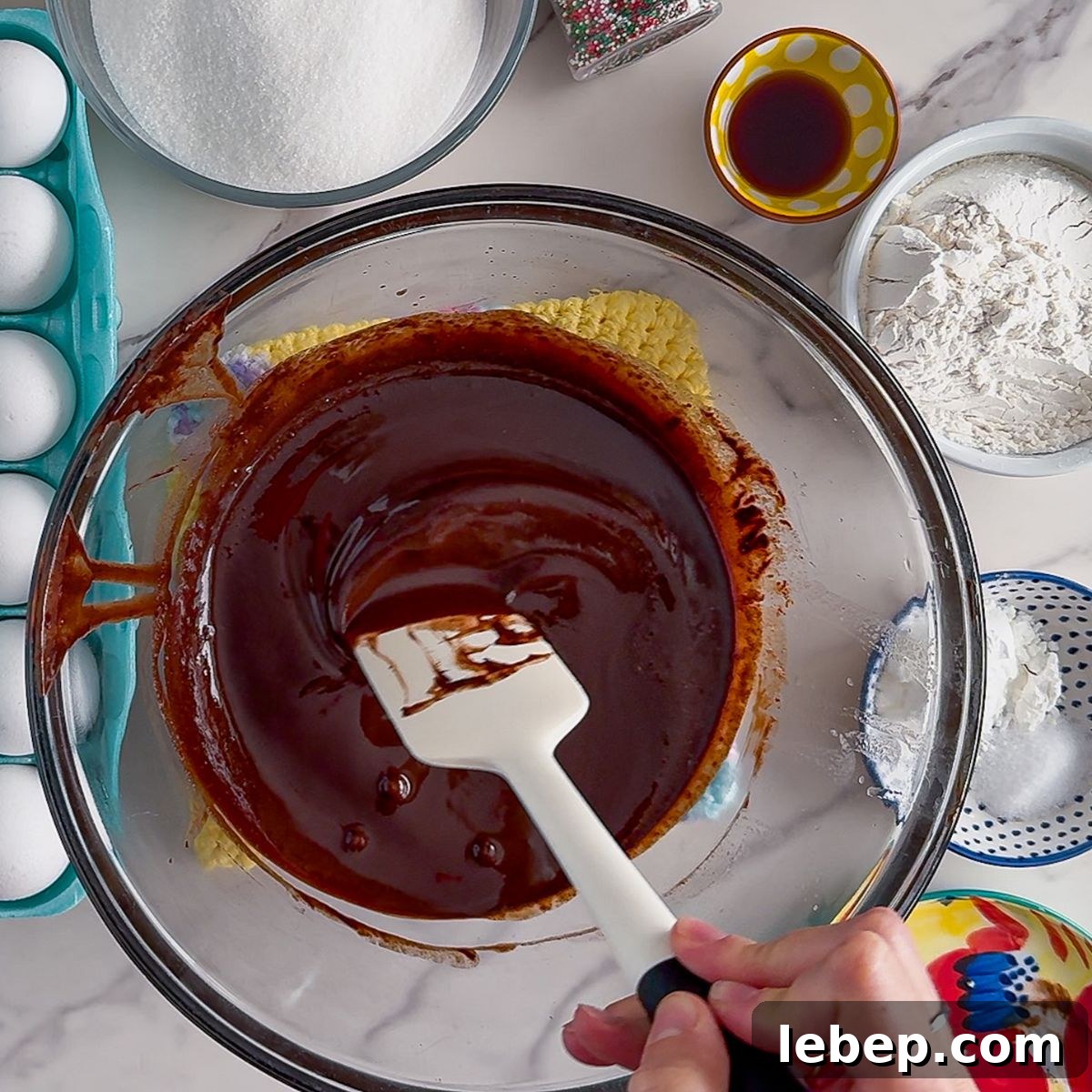 Mixing the brownie batter.