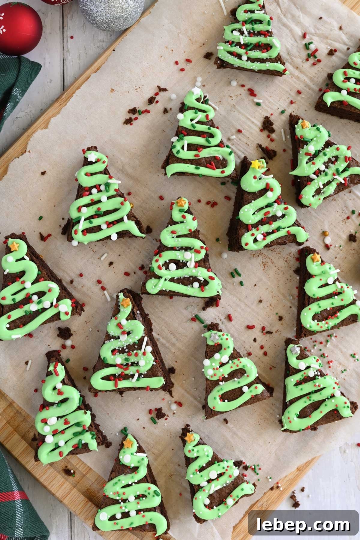 Christmas brownies on parchment paper.