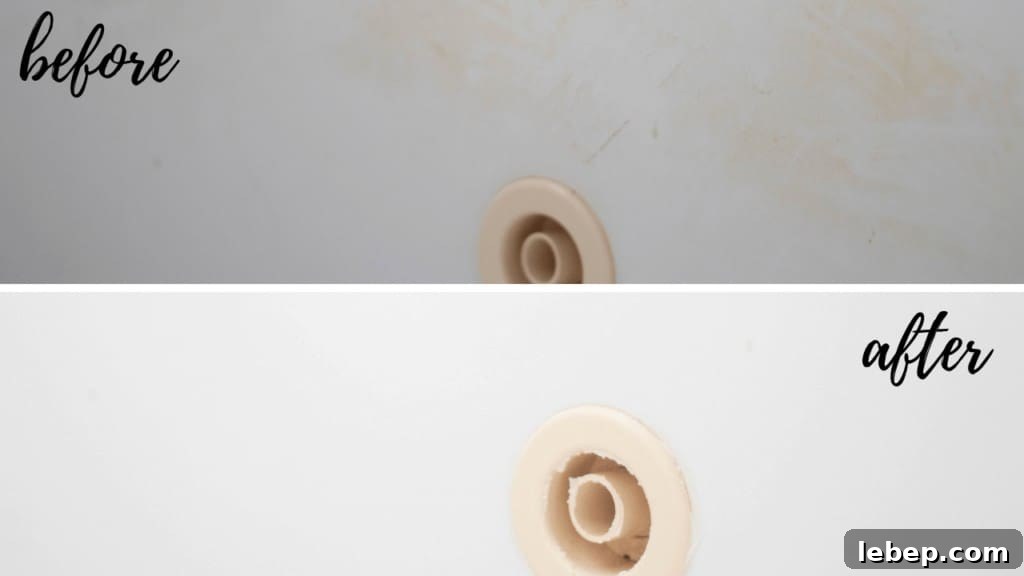Before and after picture of the clean tub.