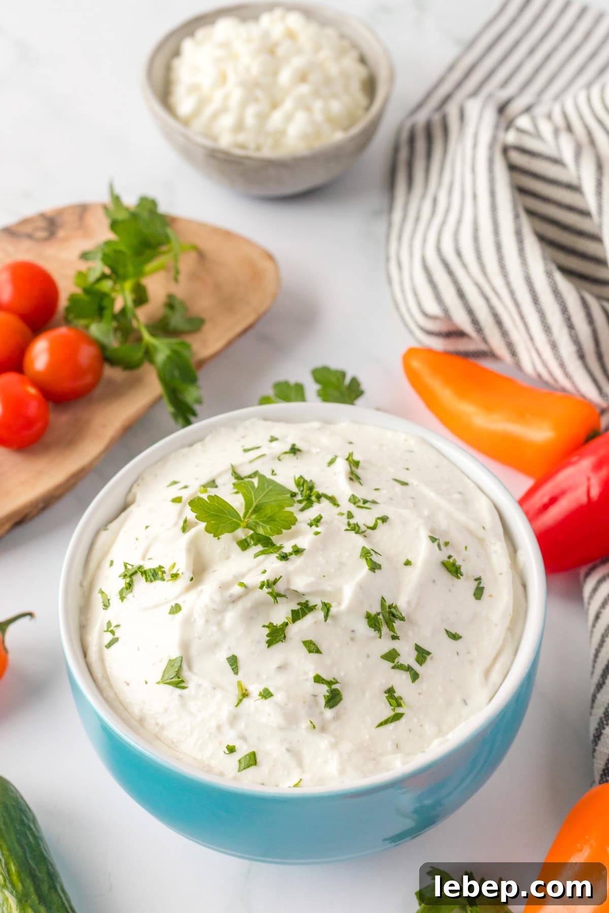 Creamy Cottage Cheese Ranch Dip Recipe for Parties and Snacks 2 An image of cottage cheese ranch dip in a bowl.