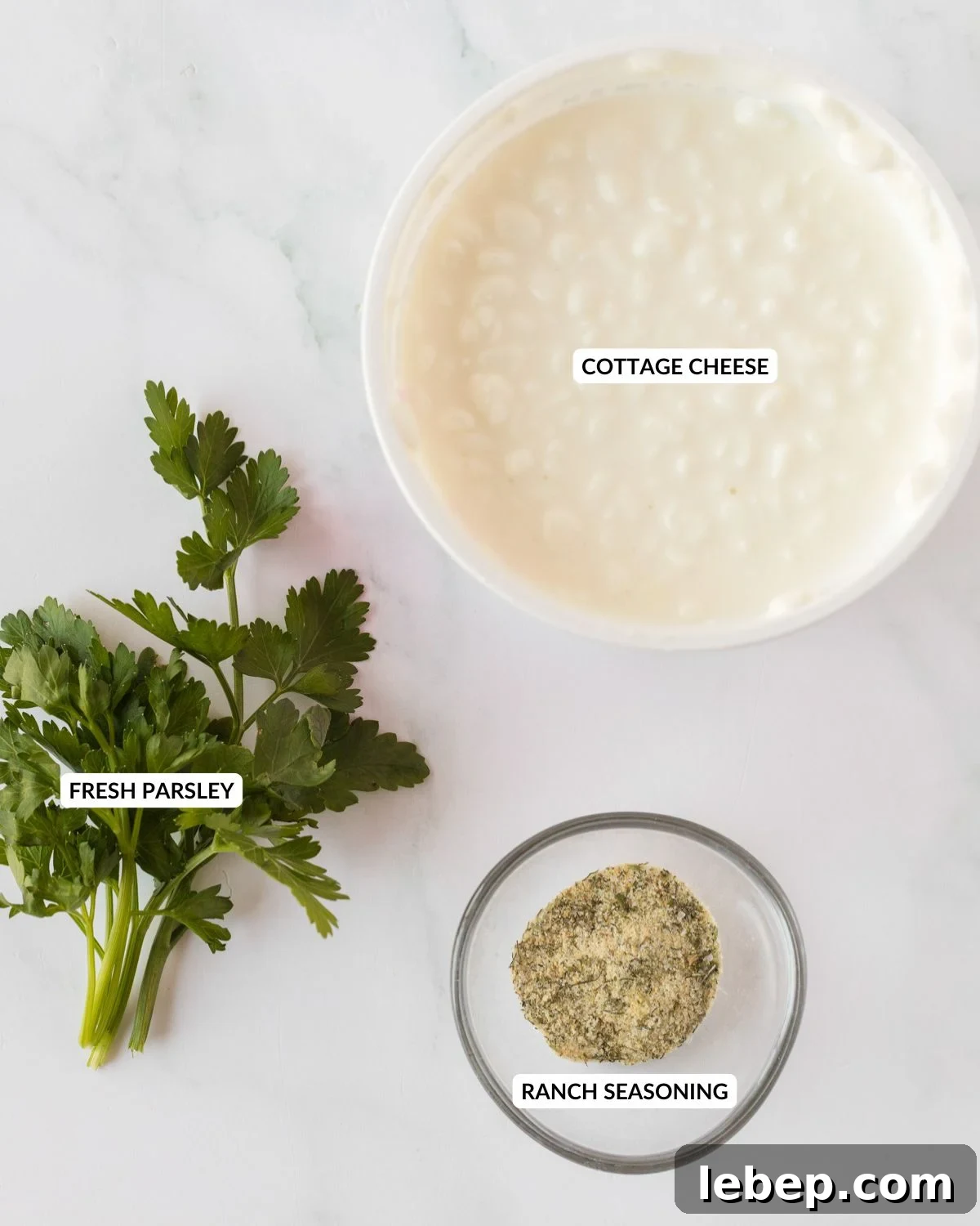 Creamy Cottage Cheese Ranch Dip Recipe for Parties and Snacks 4 An overhead image of the ingredients of cottage cheese ranch dip.