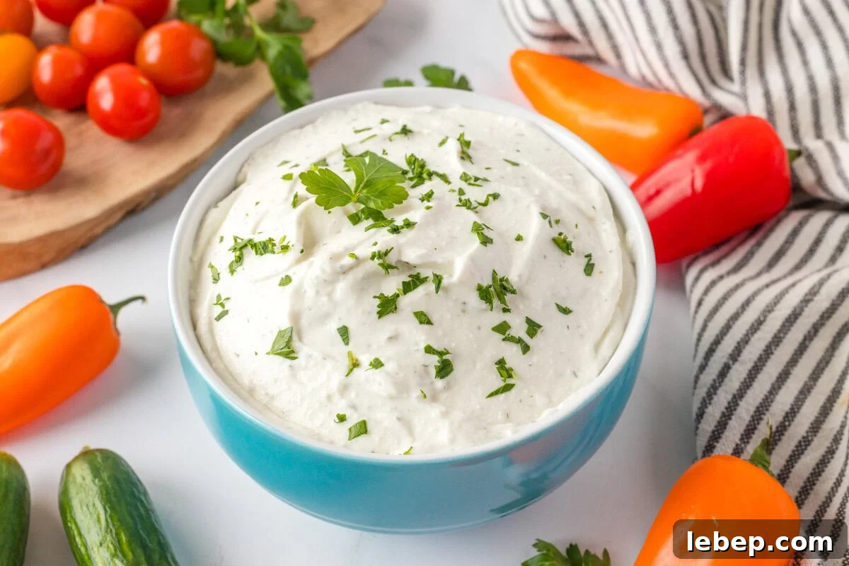 Creamy Cottage Cheese Ranch Dip Recipe for Parties and Snacks 8 A close up image of cottage cheese ranch dip in a bowl.