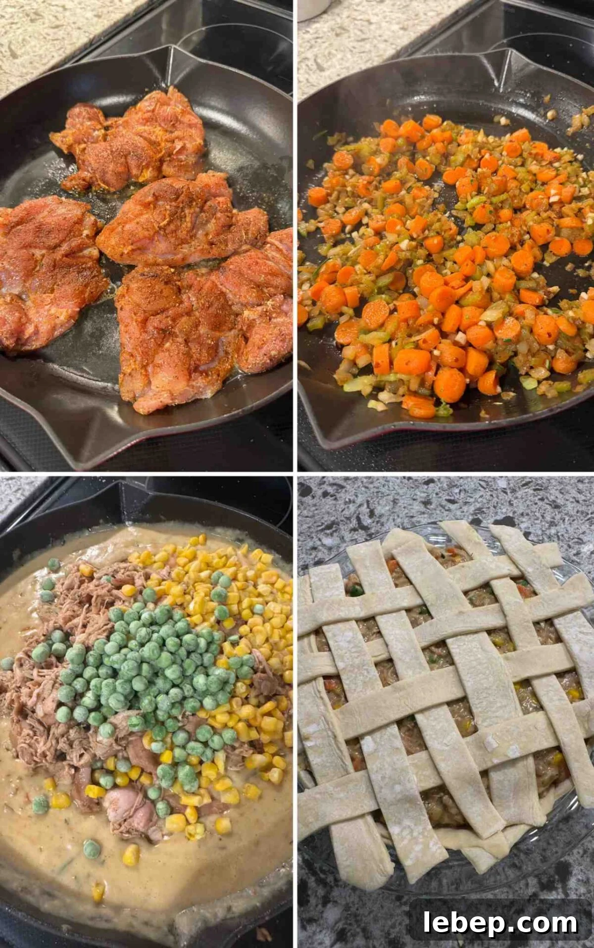 four photo showing how to cook chicken pot pie.