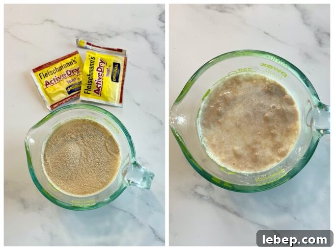 A collage picture showing before and after proofing some yeast for Overnight Orange Rolls.