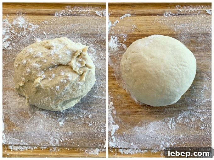 A collage picture showing Overnight Orange Roll dough before and after kneading.