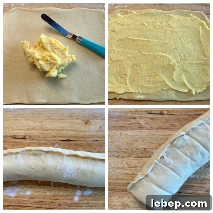A collage picture of Overnight Orange Rolls showing spreading the filling, pinching together the roll seam, and cutting the roll into slices with dental floss.