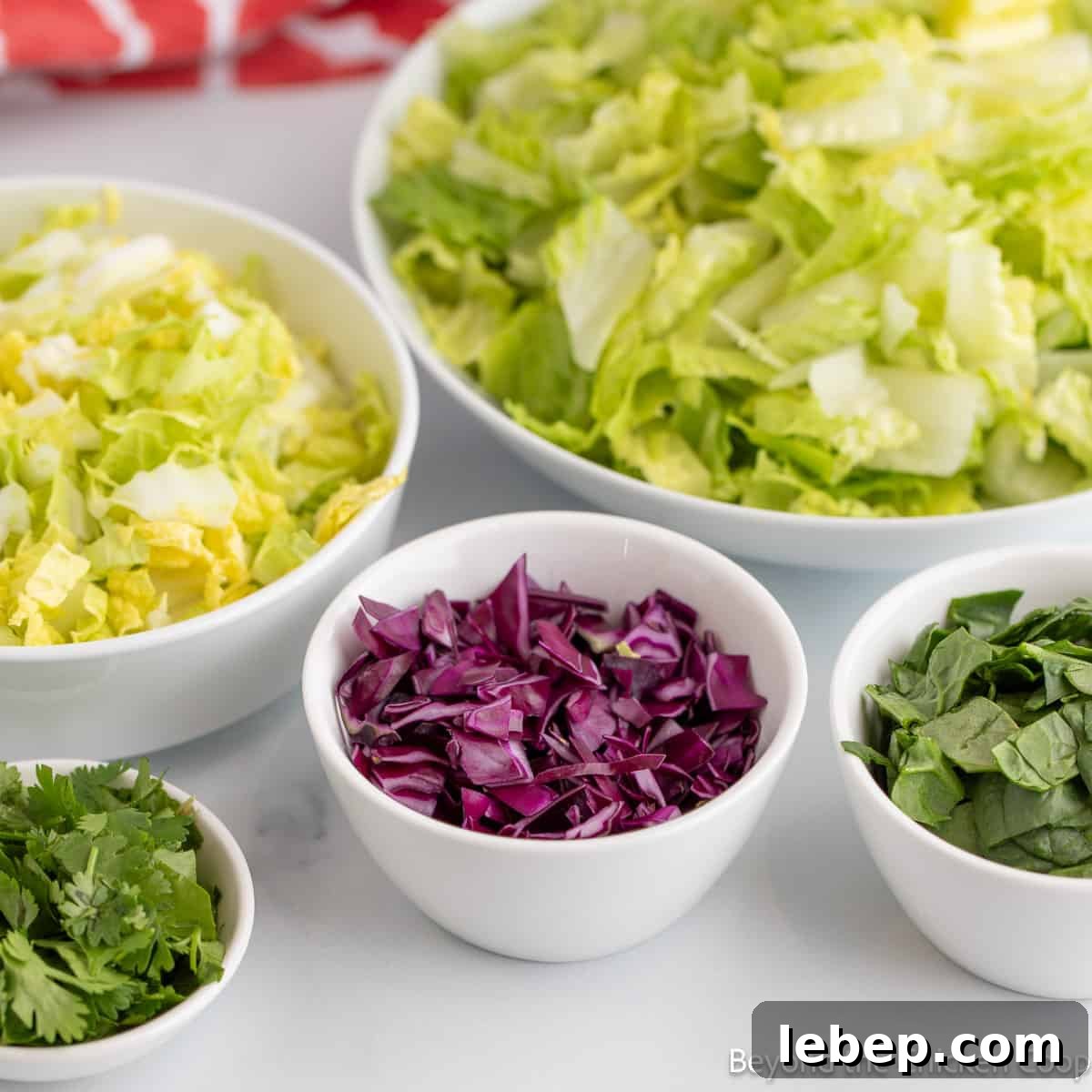 Crispy Asian Chicken Salad with Sesame Ginger Dressing 4 Small bowls of chopped lettuce and cabbage.